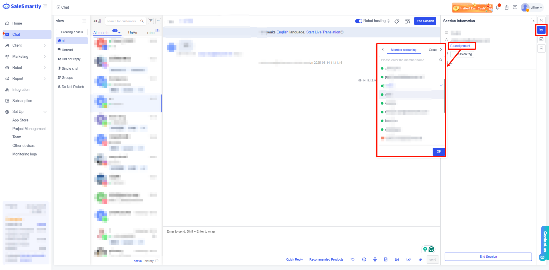 Gán lại khách hàng cho thành viên khác trong cùng nhóm khi trò chuyện trực tiếp