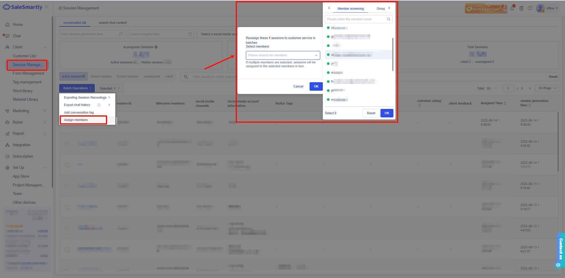 Gán lại khách hàng cho thành viên khác trong Quản lý Phiên