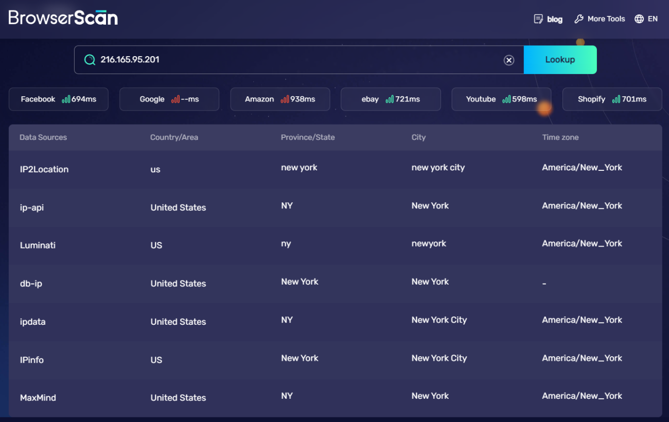 BrowserScan's ability to look up IP addresses