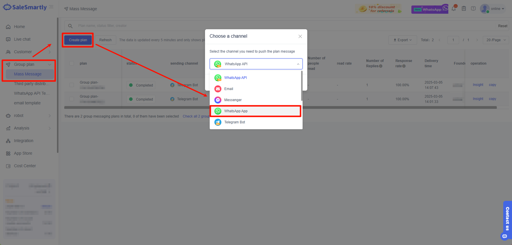 Chọn kênh WhatsApp App