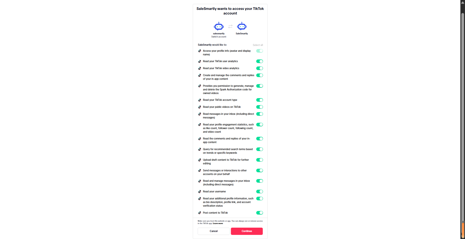 Màn hình ủy quyền TikTok