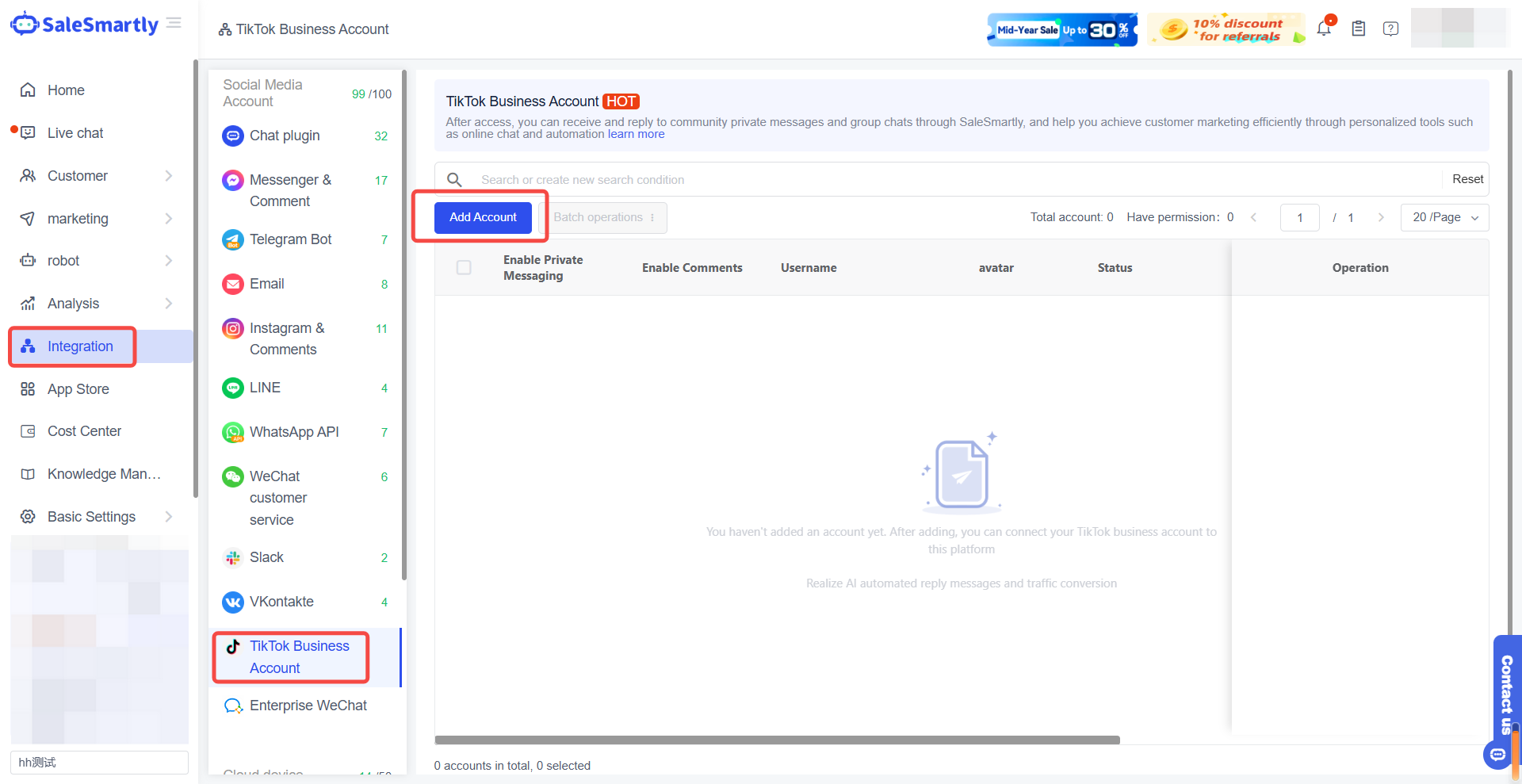 Giao diện tích hợp TikTok trên SaleSmartly