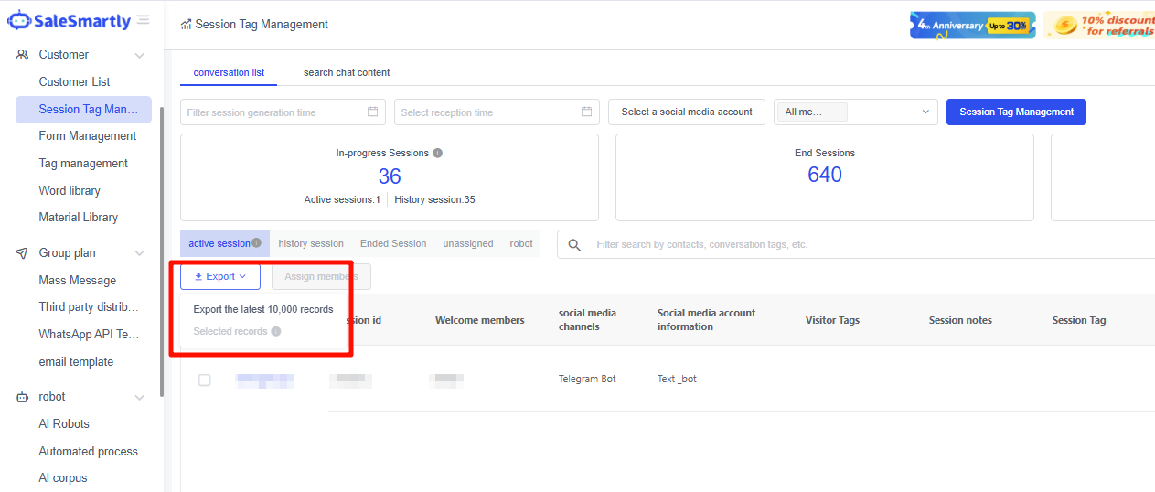 Export session details