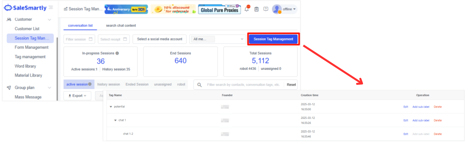 Session tag management