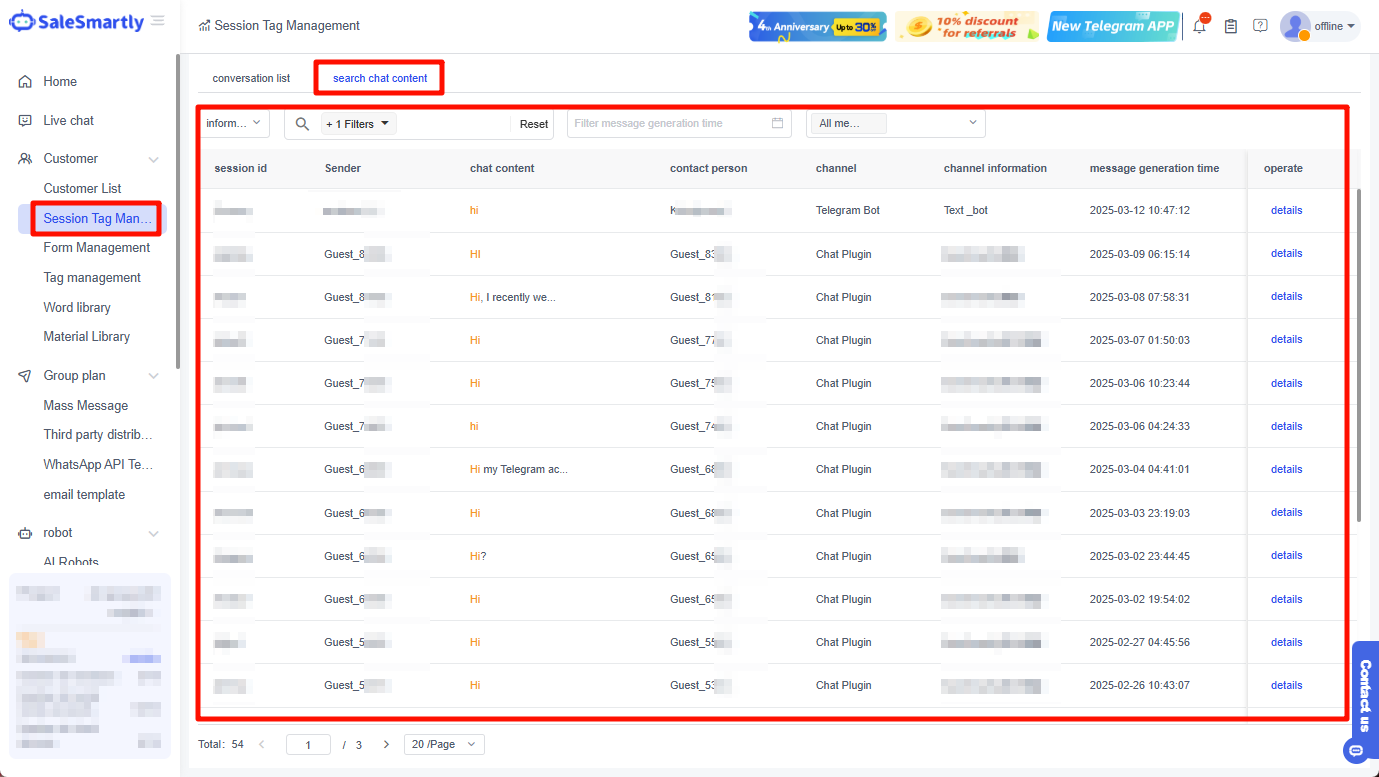 Support search of chat history