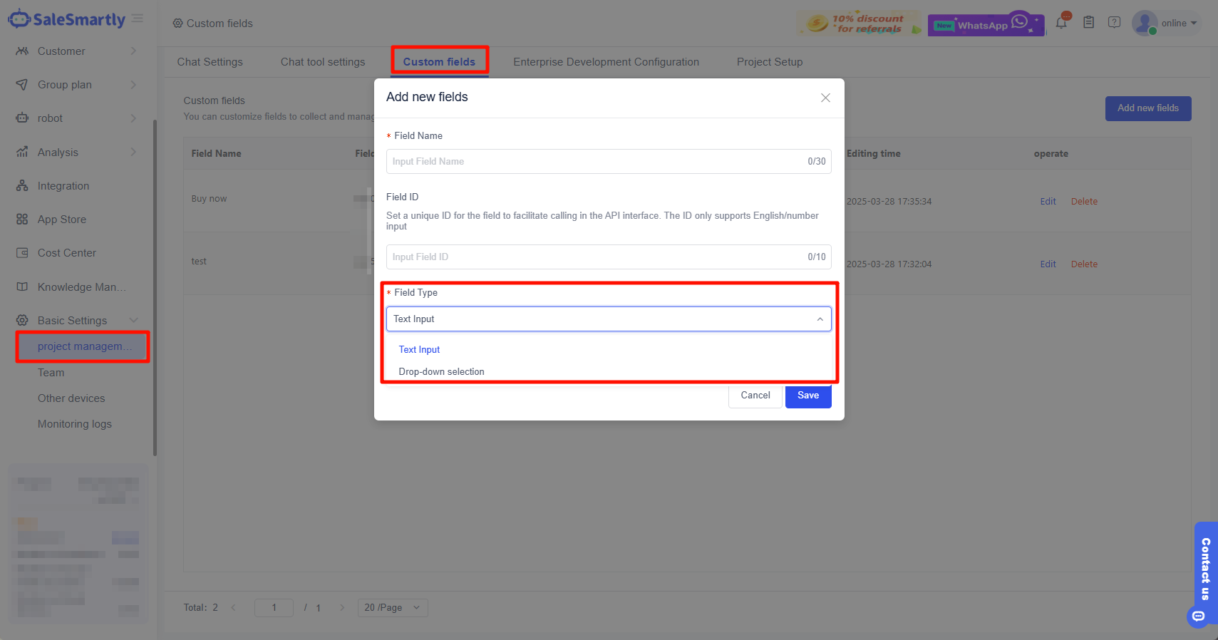 Trường tùy chỉnh hỗ trợ nút tùy chọn
