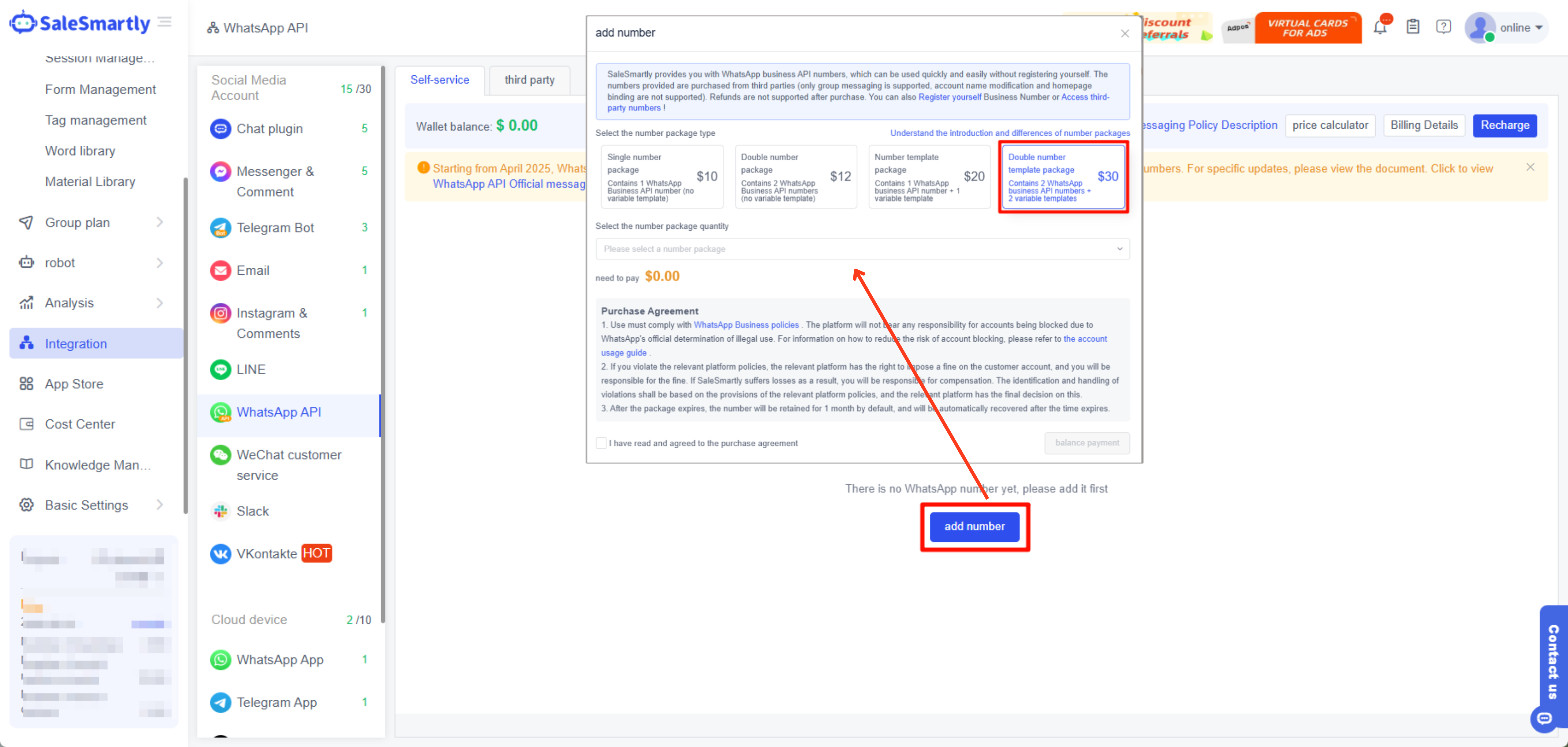 WhatsApp API thêm gói số kép