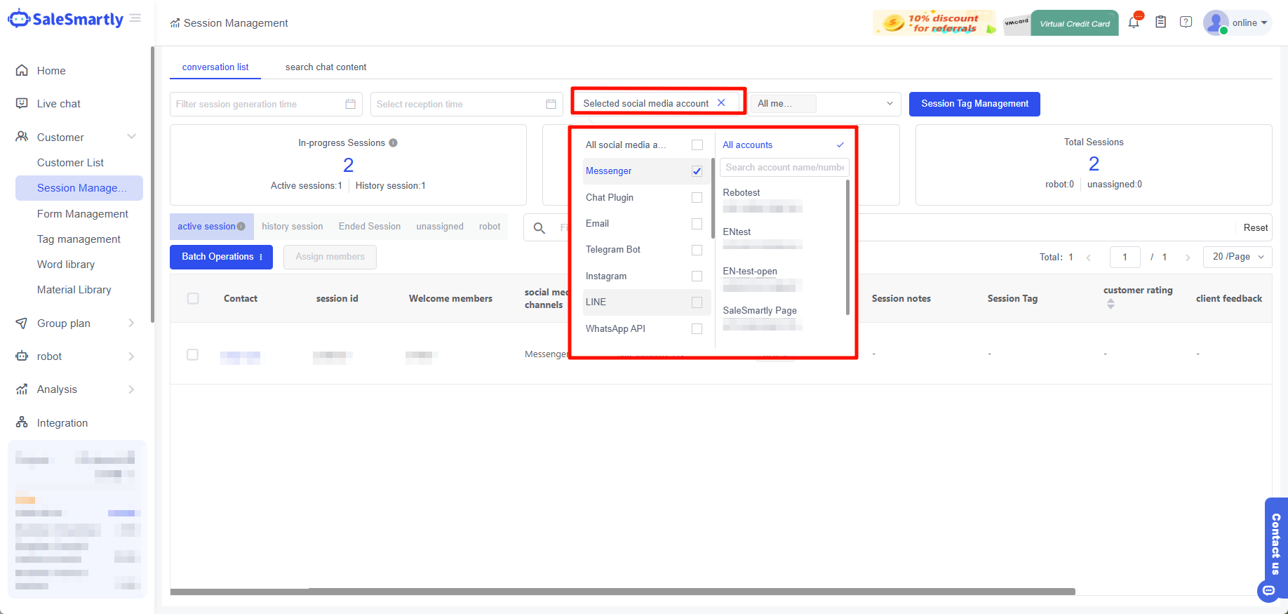 Lọc hội thoại theo tài khoản mạng xã hội