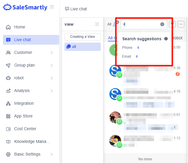 Tìm kiếm bằng số điện thoại và email trong chat trực tuyến