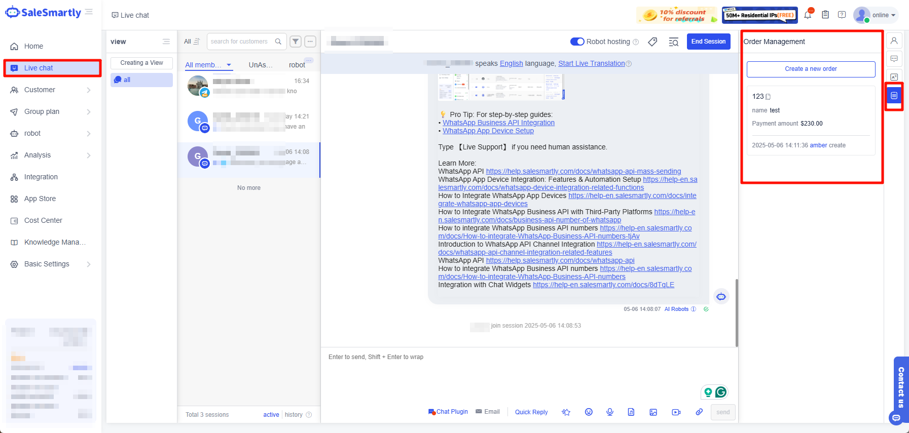 Quản lý đơn hàng thêm vào bảng thông tin hội thoại
