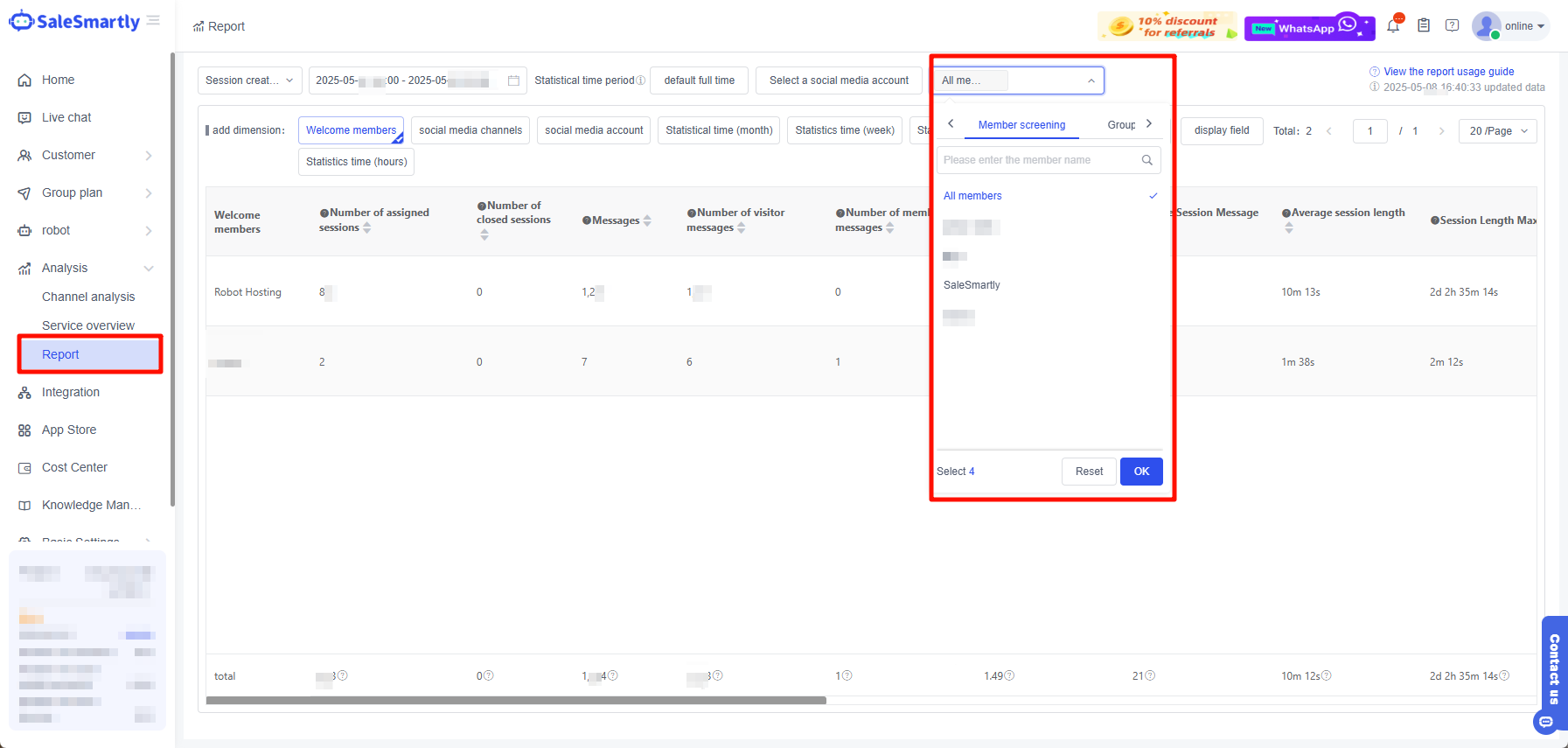 Lọc báo cáo chat theo nhóm tùy chỉnh