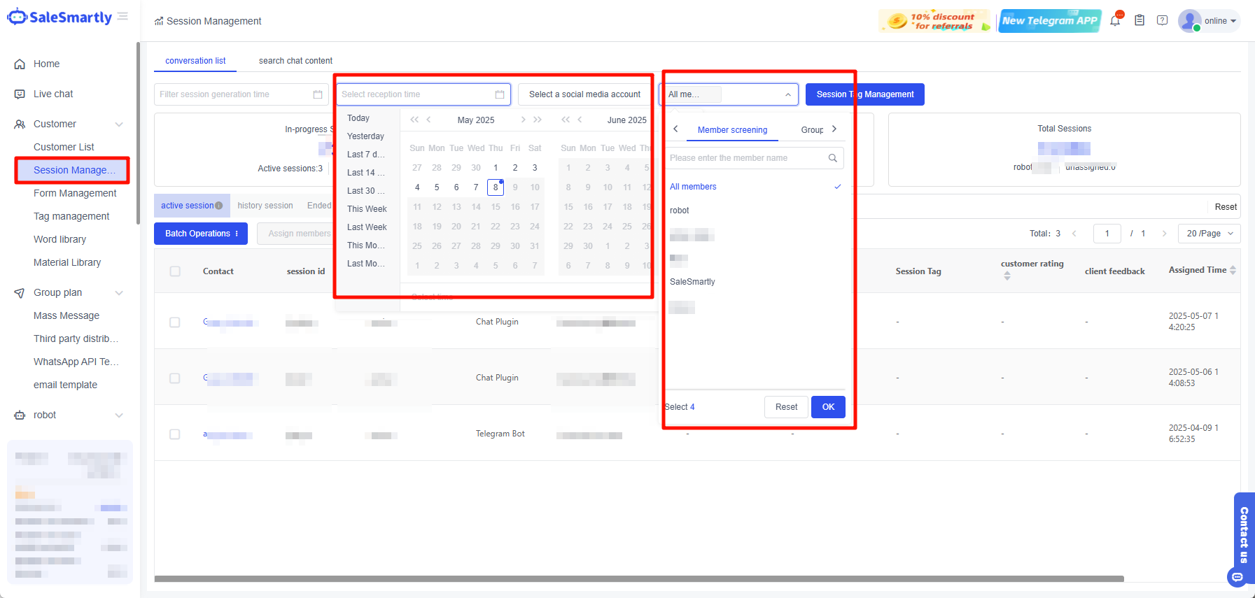 Lọc phiên theo thời gian và thành viên nhóm