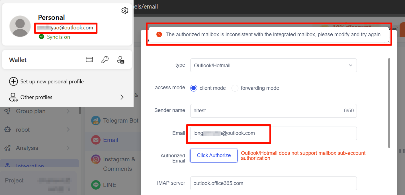 Email đã ủy quyền không khớp với email tích hợp