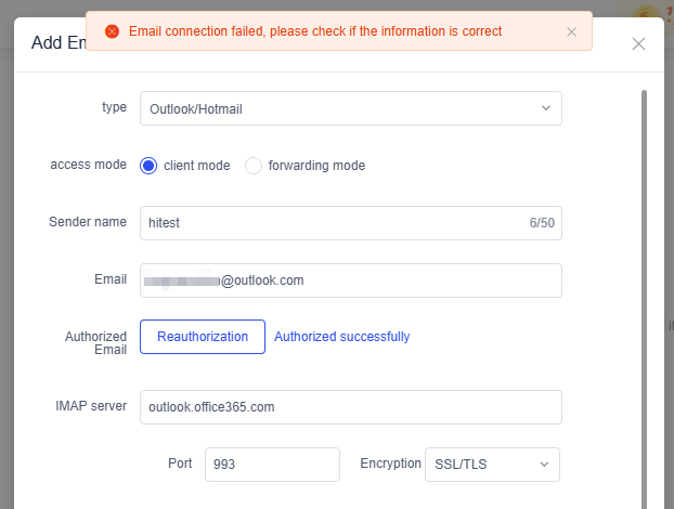 Kết nối email thất bại