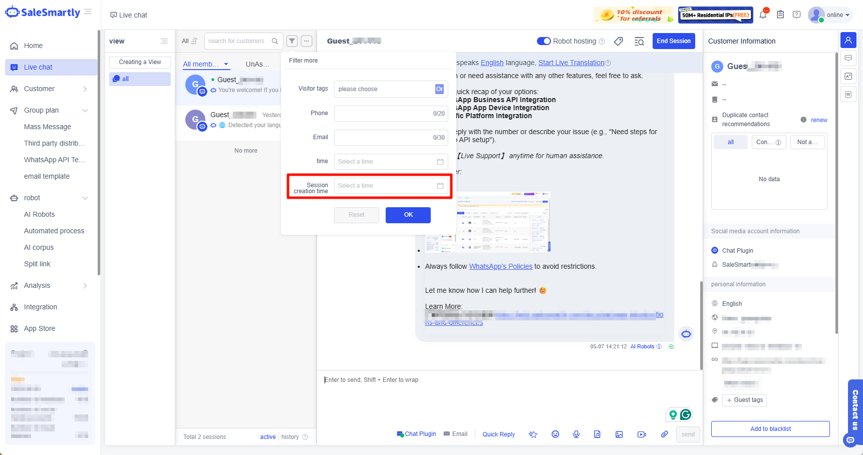 Lọc hội thoại theo thời gian tạo