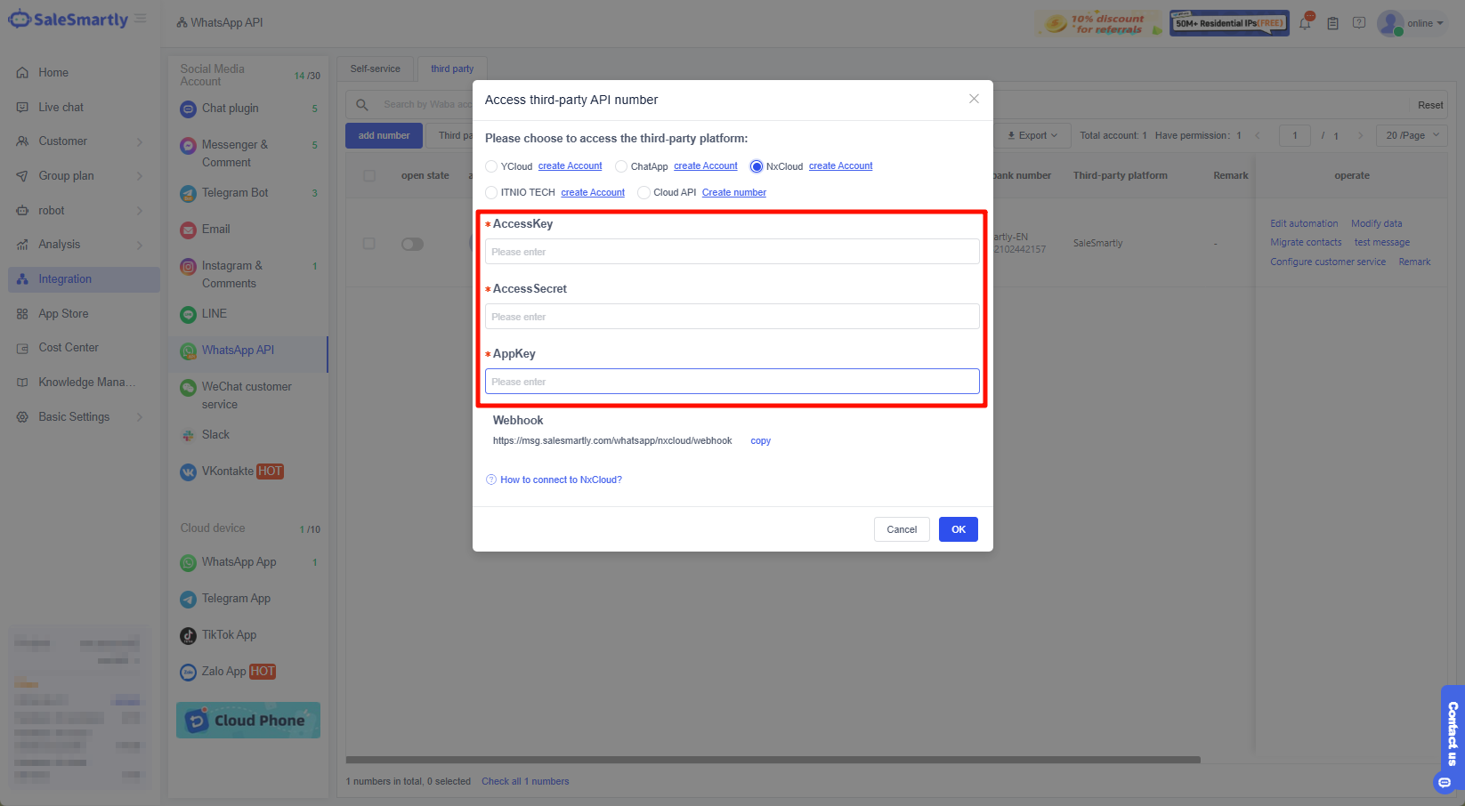 Điền thông tin tích hợp SaleSmartly-NxCloud