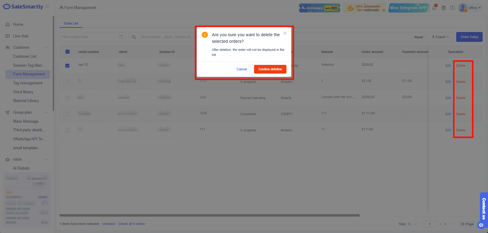 Delete order information