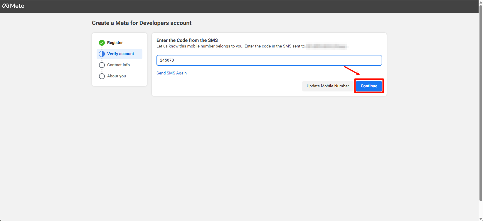 Nhập mã xác minh bạn nhận được qua SMS