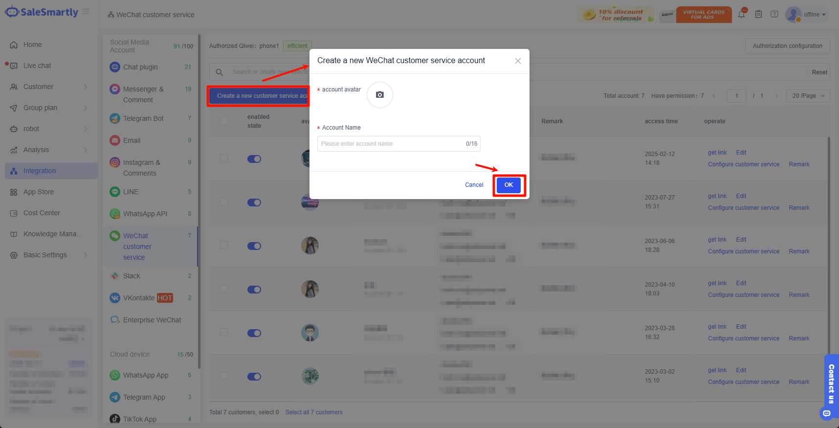 Tạo tài khoản dịch vụ khách hàng WeChat mới