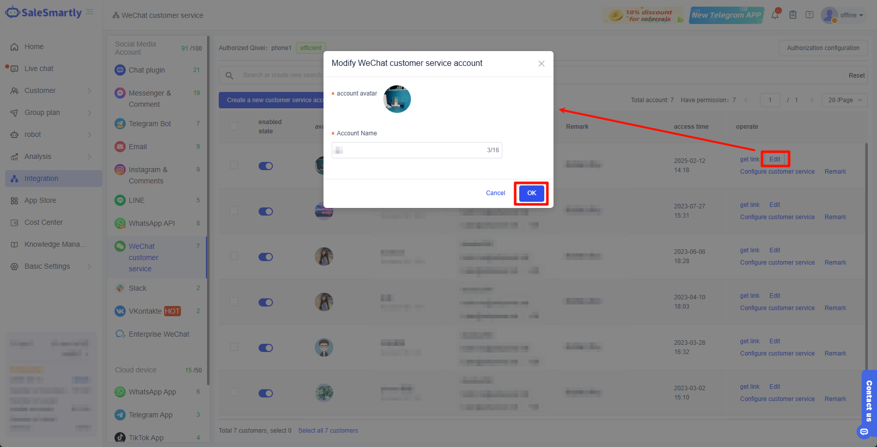 Sửa đổi thông tin tài khoản dịch vụ khách hàng WeChat