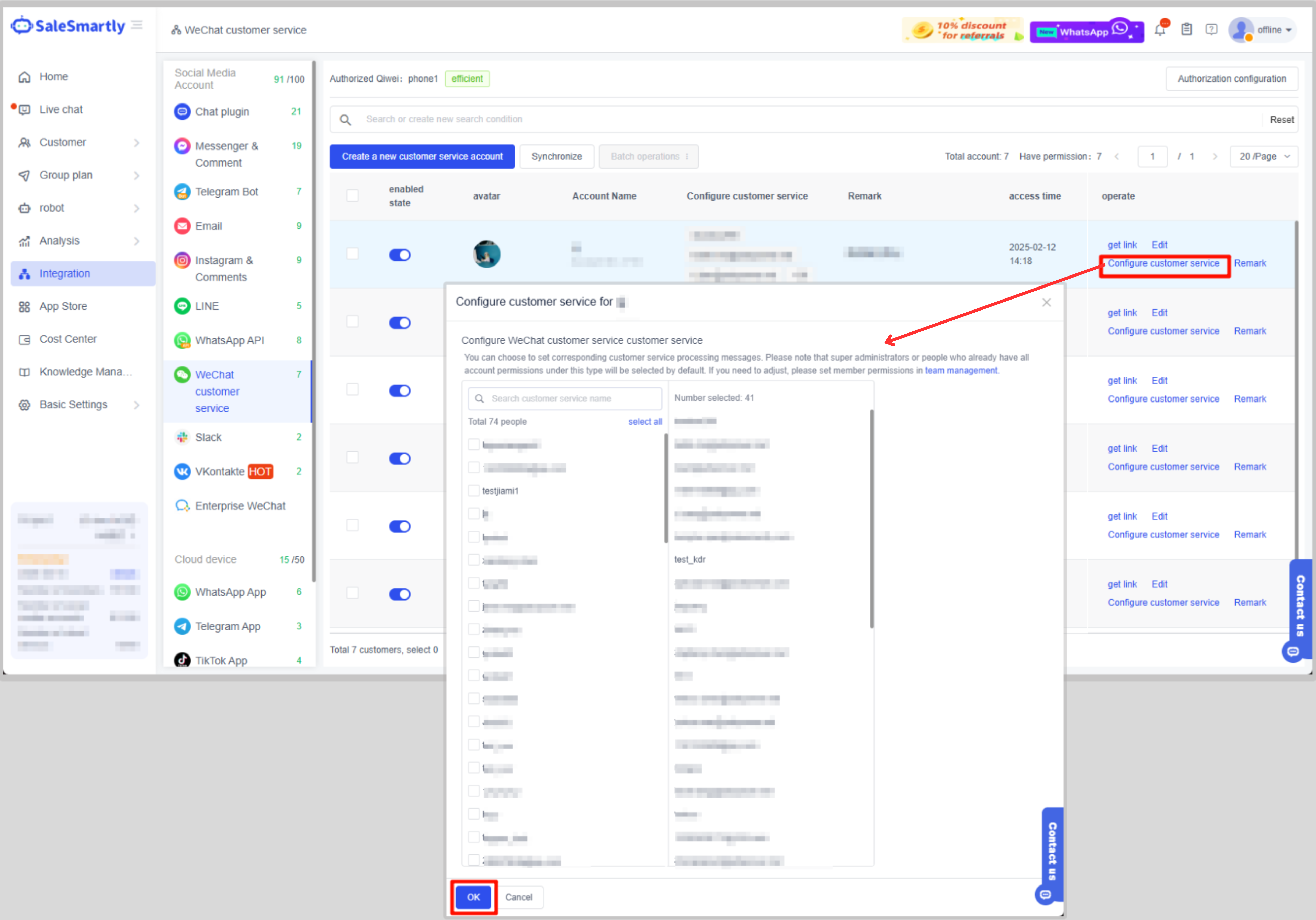 Nhấp Cấu hình dịch vụ khách hàng