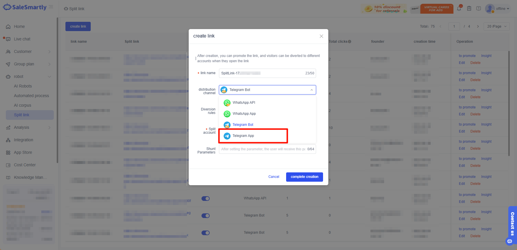 Liên kết chia nhỏ hỗ trợ tài khoản Telegram cá nhân