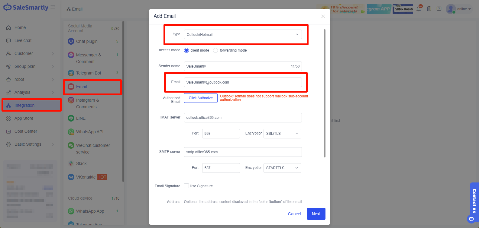 Chọn Thêm hộp thư Outlook/Hotmail