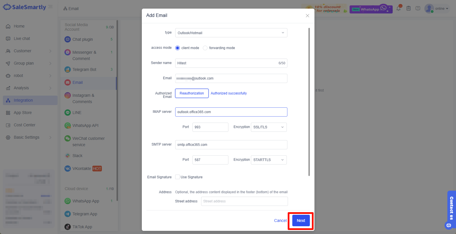 Nhấp Tiếp theo sau khi ủy quyền thành công