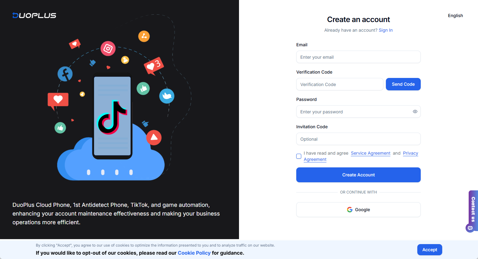 Đăng ký và đăng nhập DuoPlus