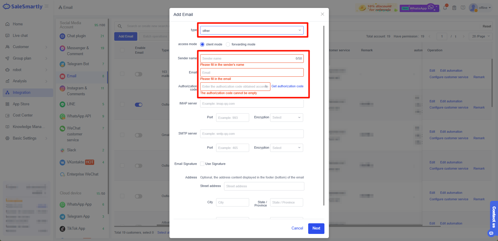 Điền thông tin email